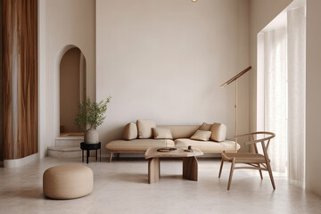 Trendy minimalistic japandi modern interior in beige tones. Home fashion 2023. Spacious living room. Photorealistic illustration generated by AI.