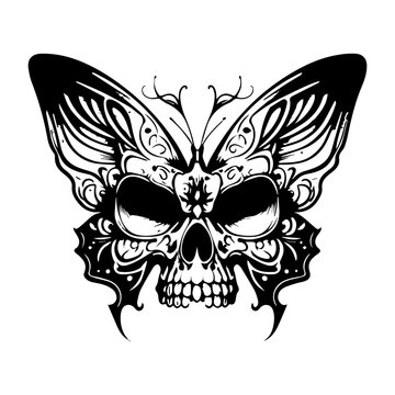 A stunning black and white line art illustration of a skull with a butterfly body, intricately Hand drawn to capture its beauty and mystery