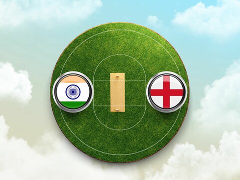 3D Rendering Of India Vs England Round Cricket Flags On Green Stadium In The Clouds