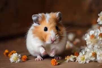The hamster positioned near the flowers. Over a background of crumpled white paper is depicted a fluffy Syrian hamster. Generative AI