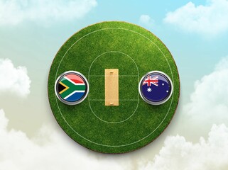 3D illustration of South Africa vs Australia cricket flags with shield on a cricket stadium