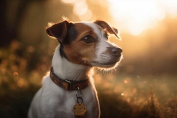 Over a background of trees and lush grass that is blurred, a Jack Russell dog is looking up. A gorgeous puppy is wearing a collar around his neck. The image is hazy. Generative AI