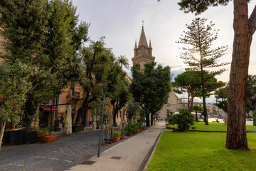 Fototapeta na wymiar Historic Church in a touristic city Messina, Sicilia, Italy. Cloudy Sky