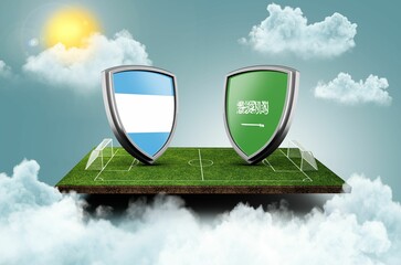 3d illustration of Argentina vs Saudi Arabia shield shaped flags on cricket stadium in the sky