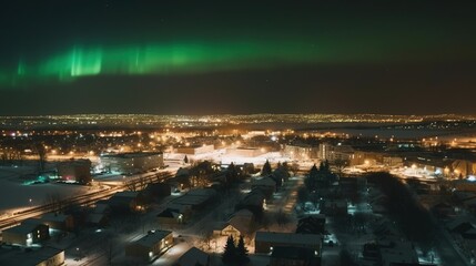 Aurora borealis landscape on a nordic city sunset night mattepainting illustration, reworked and enhanced ai generative photography