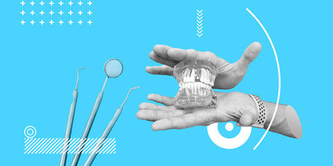 Dentistry, orthodontist services. Model of a human jaw in the hands of a doctor and dental instruments on a blue background. Minimalist collage - obrazy, fototapety, plakaty