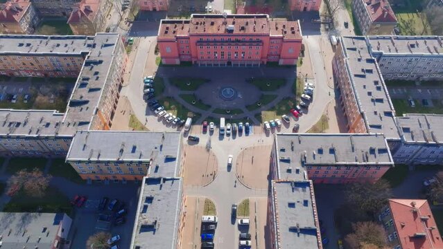 View of the housing estate in the city of Tychy on one of the housing estates. Photo from the drone on Tychy and the urban housing estate, the central point.