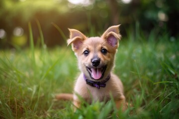 Naklejka na ściany i meble Good times, Cute puppy with a purple shirt sits and smiles in the park grass as the background is softly focused. Generative AI