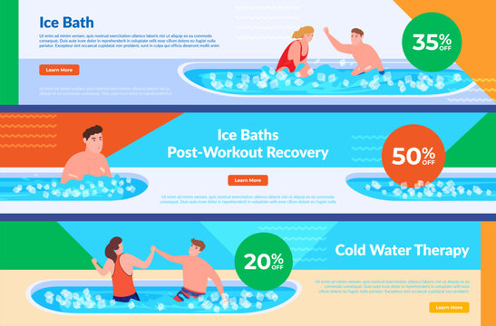 Cold water therapy ice bath body hardening procedure sale discount landing page set vector isometric
