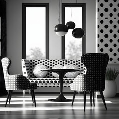 Black and white couch in a cozy modern living room interior with big windows, Generative AI
