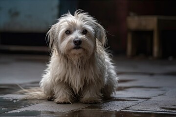 Cute young crossbreed dog with white long hair standing on garage floor and displaying a dejected expression while waiting for its owner to go for a walk in the pictures selective focus up close backg