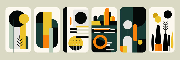 Minimalist landscape set. Bauhaus. Grunge texture. Mid century modern graphic. 70s retro funky graphic. Abstract shapes. Design elements for social media, blog post, banner, card. Vector illustration