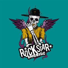Original vector illustration. A skeleton with a hat and wings on his back. T-shirt design.