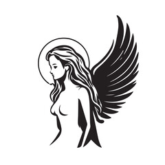 Angel woman head logo. Vector illustration of female face. Silhouette svg, only black and white.