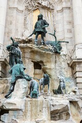 Vertical shot of the Matthias Fountain in the first courtyard of Buda castle in Budapest, Hungary