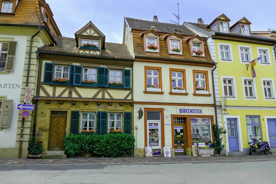 Beautiful buildings in old Bamber town in Germany on a sunny day against the blue sky