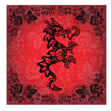 Black ethnic boho dragon and monster on red banner background
