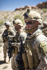Soldiers squad with fully equipped and armed in a military operation in the scorching desert, generative AI