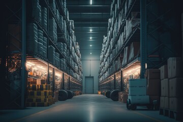 Aisle of modern mega warehouse, AI generated