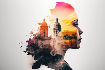 double exposure of beautiful woman, city and the spectacular colorful buildings background, AI generated © Nattawat