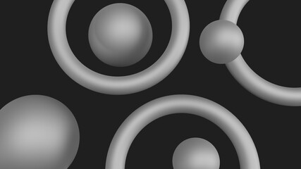 3D wallpaper of rounded shapes and spheres. Planet in dark background