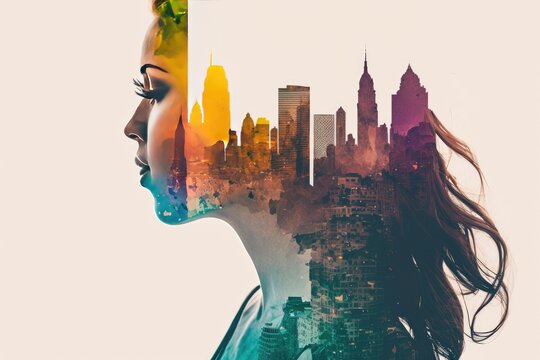 double exposure of beautiful woman, city and the spectacular colorful buildings background, AI generated