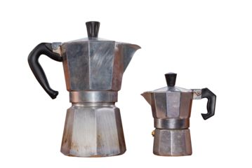 Small and large vintage italian coffee makers isolated on transparent background, png file