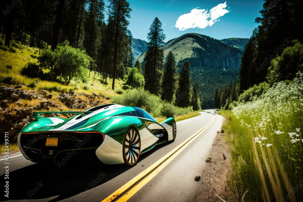 Wall mural EV (Electric Vehicle) electric car is driving on a winding road that runs through a verdant forest and mountains. Clean Energy, Nature Scene, AI generated