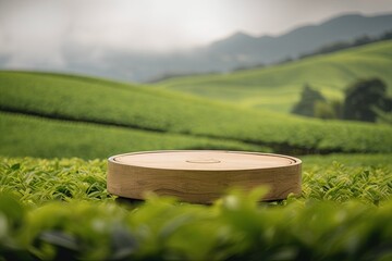 Wooden Round Podium Stage With Green Tea Field Landscape In Background For Product Display Presentation