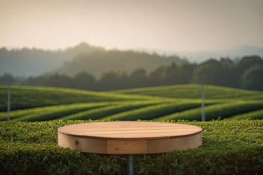 Wooden Round Podium Stage With Green Tea Field Landscape In Background For Product Display Presentation