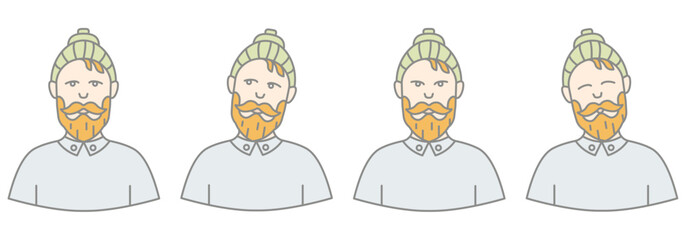 Set of a hipster man heads with different expressions and in flat style. Character network people and faces collection.