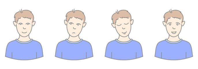 Set of a young man heads with different expressions and in flat style. Character network people and faces collection.
