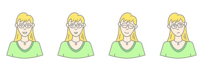 Set of a young girl with glasses heads with different expressions and in flat style. Character network people and faces collection.