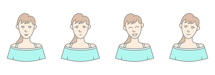 Set of a young girl heads with different expressions and in flat style. Character network people and faces collection.