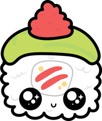 Kawaii sushi roll cartoon with avocado slice red wasabi sauce on top smiling