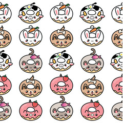 Cute kawaii pattern with donuts in shape of domestic animals cow cat dog rabbit pig