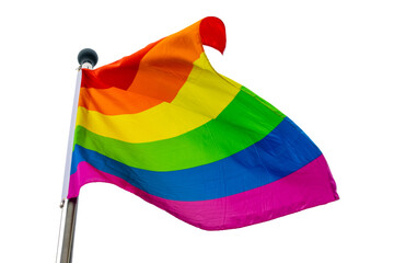Rainbow flag on a pole floating in the wind isolated on transparent background, LGBTQ pride, png...
