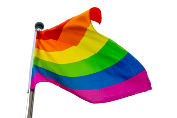 Rainbow flag on a pole floating in the wind isolated on transparent background, LGBTQ pride, png file