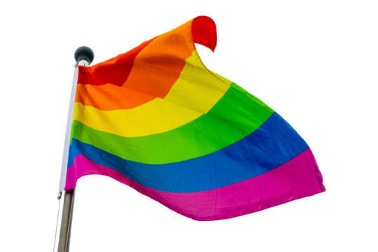 Rainbow flag on a pole floating in the wind isolated on transparent background, LGBTQ pride, png file