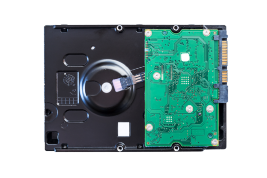 Photo of a disassembled internal hard disk drive isolated on transparent background, png file