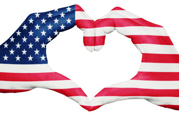 USA flag painted on hands forming a heart isolated on transparent background, USA national and patriotism concept, independence day 4th of July png file