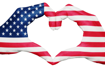 US flag painted on hands forming a heart isolated on white transparent background, american patriot pride, USA national holiday, memorial or veterans day, July 4, png cut out