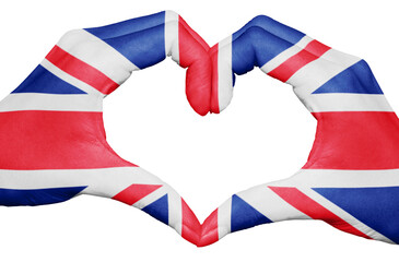 United kingdom flag painted on hands forming a heart isolated on transparent background, UK national and patriotism concept, king charles coronationpng file