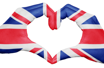United kingdom flag painted on hands forming a heart isolated on transparent background, UK national and patriotism concept, king charles coronationpng file
