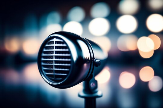 microphone on stage,bokeh background,bokeh, blurred light, colourfull lights