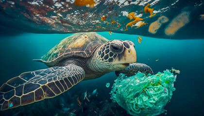 Obraz premium sea turtle swimming over plastic wastes in sea, Generative AI