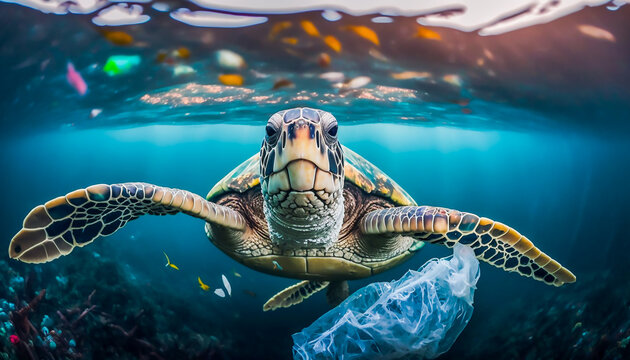 sea turtle swimming over plastic wastes in sea, Generative AI