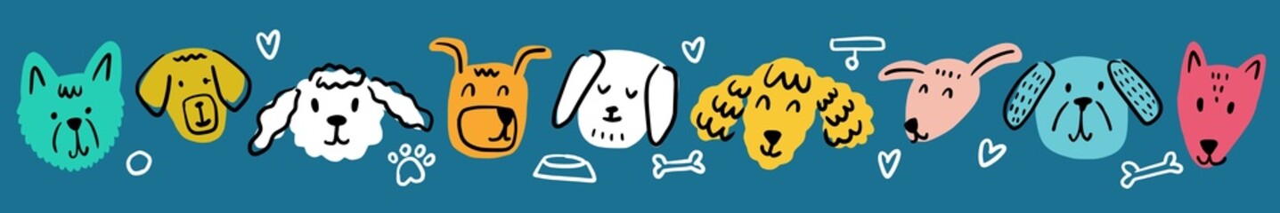 Horizontal illustration of a collection of dogs of different breeds drawn by hand in the style of a doodle