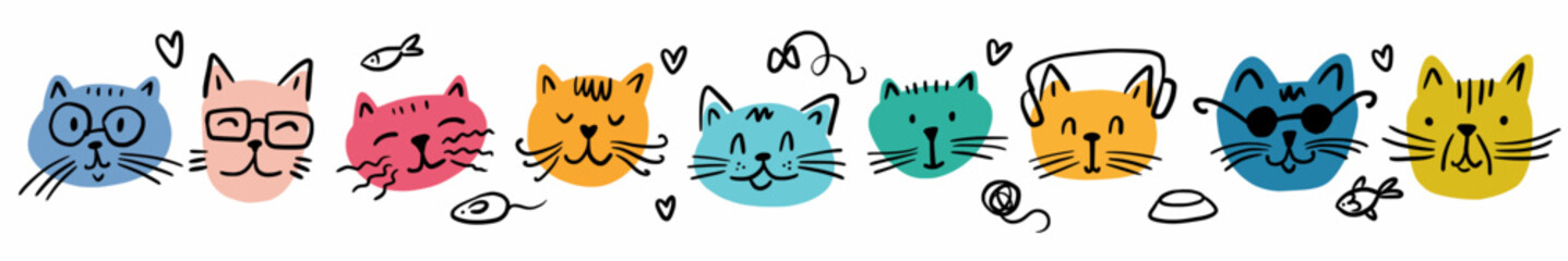 Vector horizontal pattern with the muzzles of different cats, hand-drawn in the style of a doodle