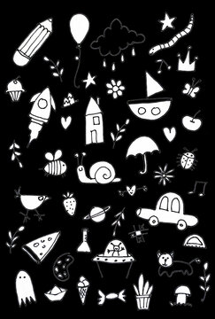 black and white doodle with kids drawings ude for design